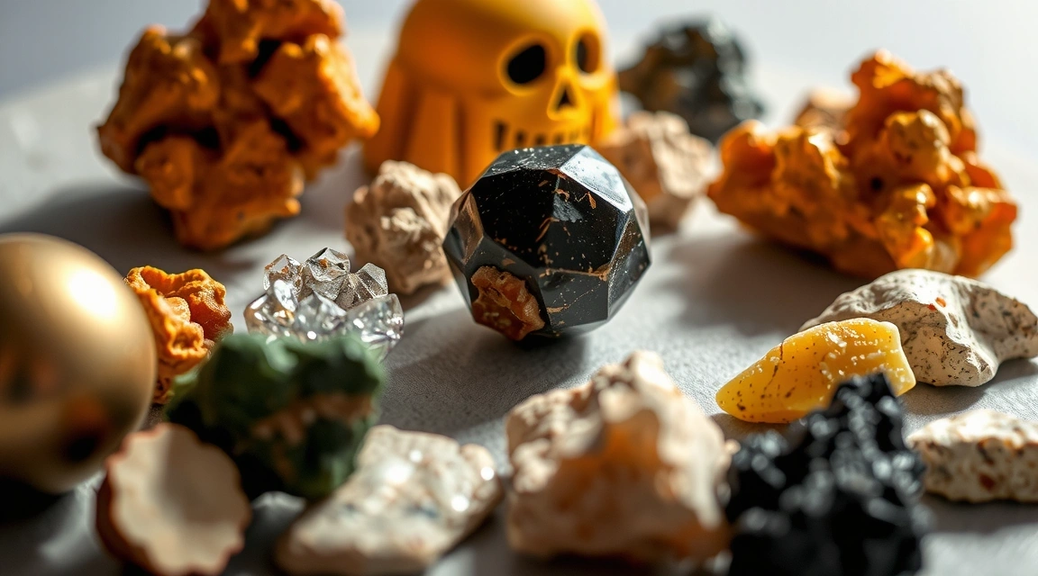 Un primer plano de diferentes minerales y elementos químicos, representando el metabolismo.