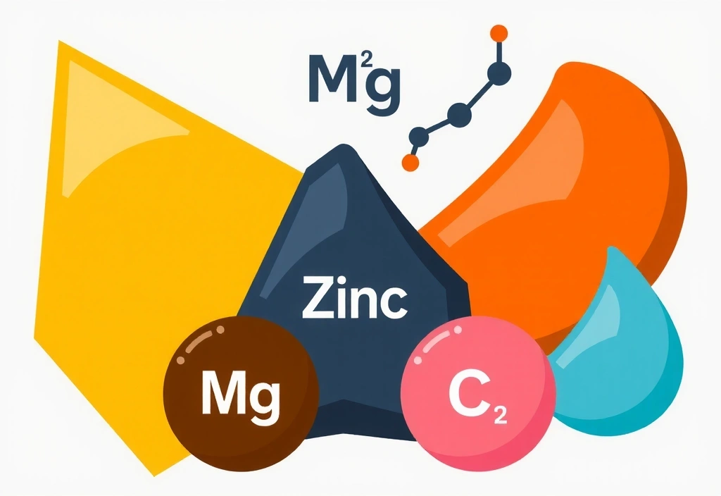 Ilustración de varios minerales esenciales y su estructura molecular