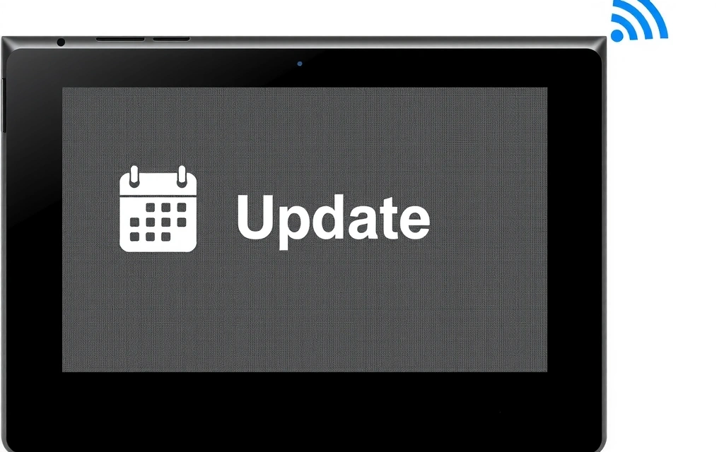 Un cartel de 'Actualización' en un entorno digital con un calendario y un icono de documento, simbolizando revisión de políticas