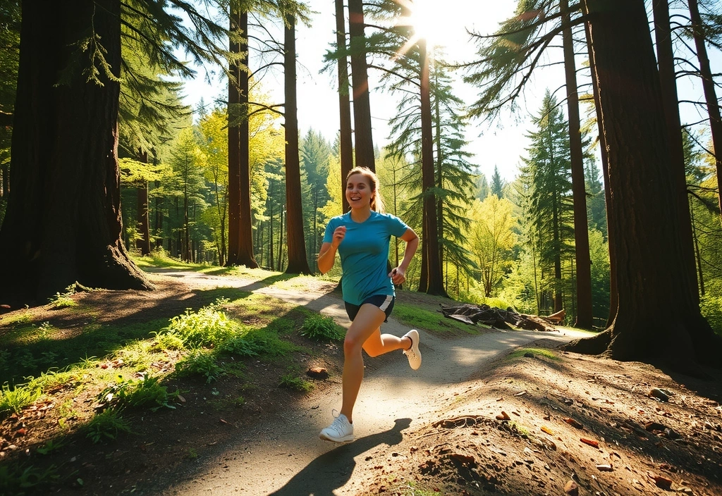 Persona corriendo en un sendero forestal con energía.