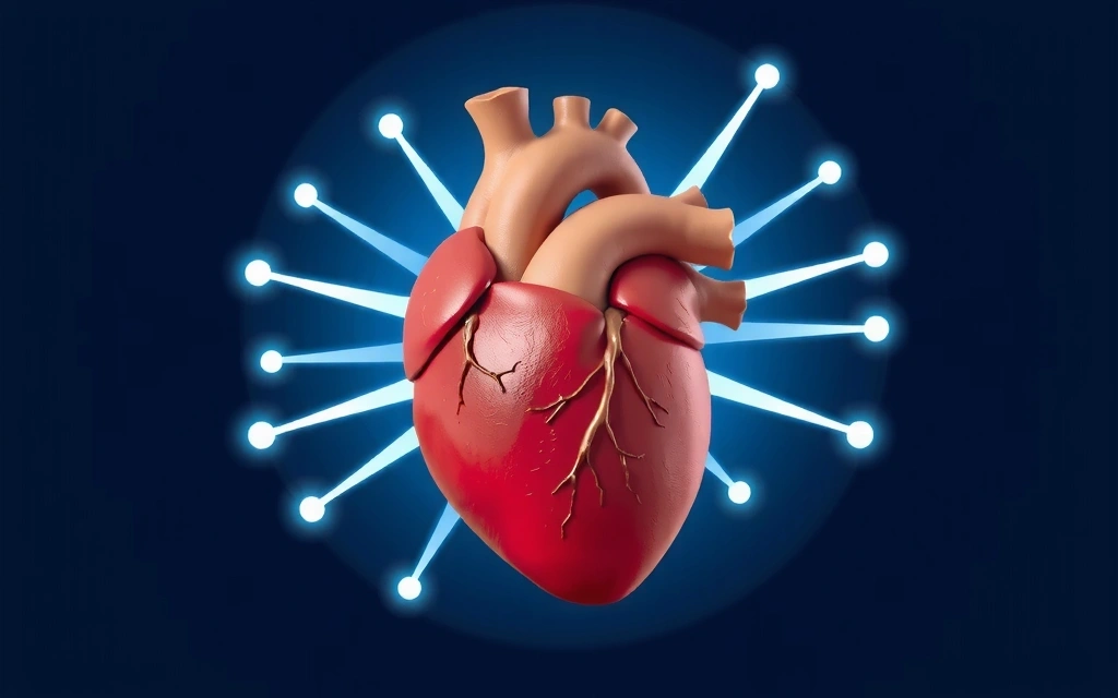 Corazón humano estilizado con ondas de energía azul que emanan de él, simbolizando la salud cardiovascular mejorada por el Omega-3.