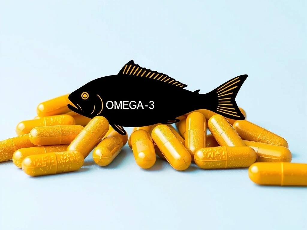 Cápsulas de Omega-3 sobre un fondo azul claro, con un pez estilizado en el aire, simbolizando la fuente marina de los ácidos grasos.